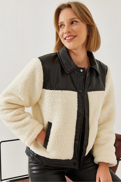 Bianco Lucci Women's Plush Leather Detailed Puffer Coat Hk-027 60351218