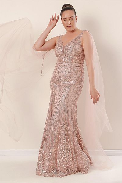 By Saygı Lined Plus Size Lurex Long Dress with Tulle Shawl Off the Shoulder