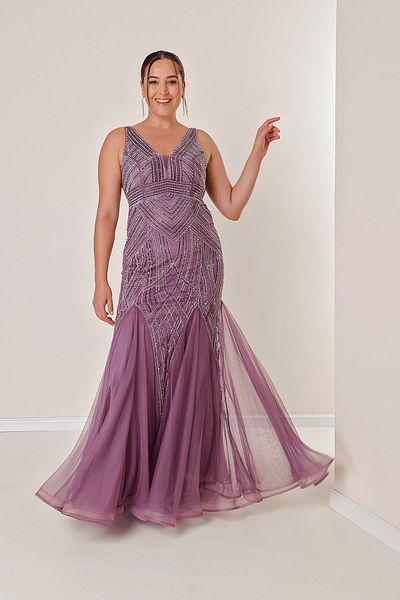 By Saygı Jewelled Embroidered V-Neck Long Tulle Dress - Plus Size