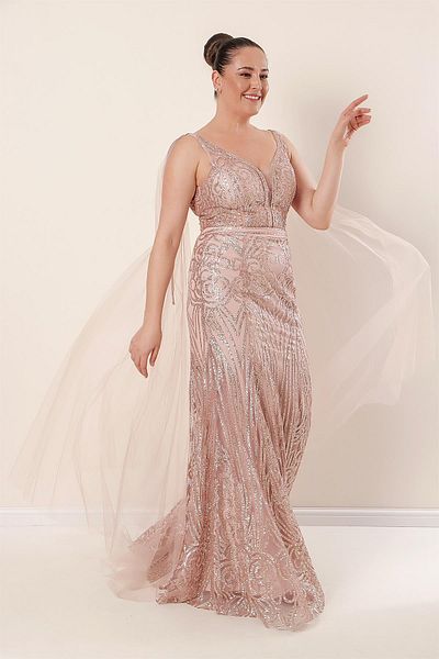 By Saygı Lined Plus Size Lurex Long Dress with Tulle Shawl Off the Shoulder