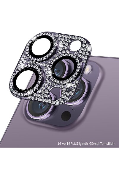 EDELFU iPhone 16 Plus ve 16 için Uyumlu Komple Taşlı Tam Kaplayan Metal Kamer...
