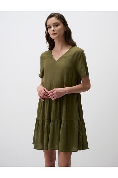 Jimmy Key Khaki Loose Fitting Short Sleeve V Neck Linen Mini Dress
