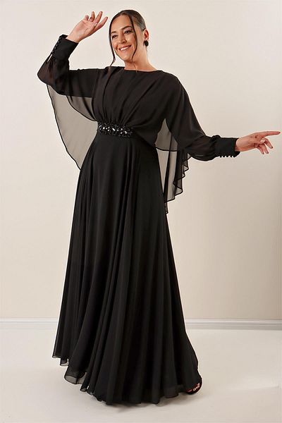 By Saygı Plus Size Chiffon Dress with Beaded Waist and Gathered Front Lining