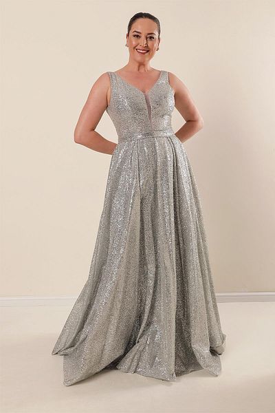 By Saygı Front Back V-Neck Lining Plus Size Long Dress with Mirror
