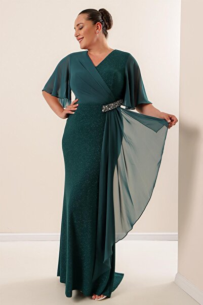 By Saygı Plus Size Silvery Long Dress with Chiffon Sleeves Side Stone Accessories Lining