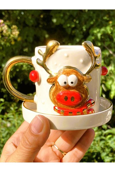 Celines Wonders Premium Quality 24 Carat Gold Detailed Handmade Deer Cup, Deer Mug, Christmas Mug, 140 ml