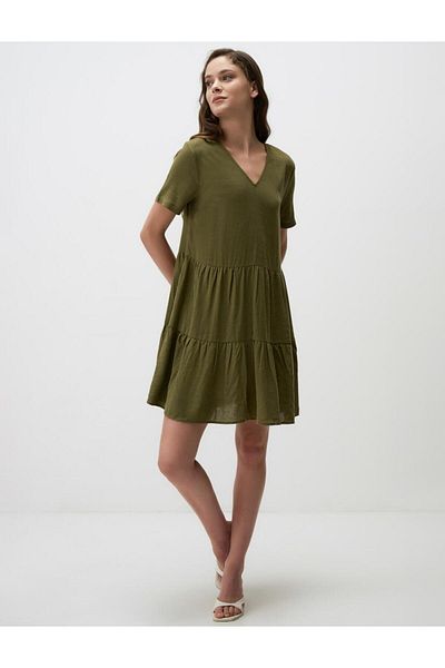 Jimmy Key Khaki Loose Fitting Short Sleeve V Neck Linen Mini Dress
