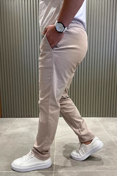 MİSHAR İTALİA Μπεζ ανδρικό παντελόνι Gabardine με ελαστική μέση με κορδόνια