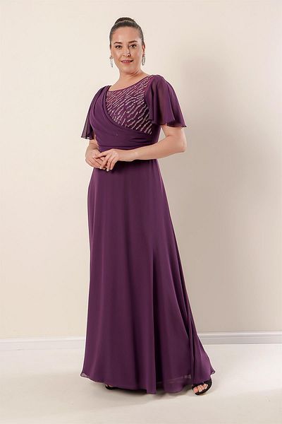 By Saygı Long Plus Size Chiffon Dress with Beading Embroidered Front Lining