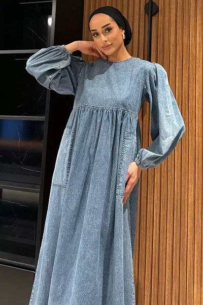 julude Blue Balloon Sleeve Jean Jeans Hijab Dress