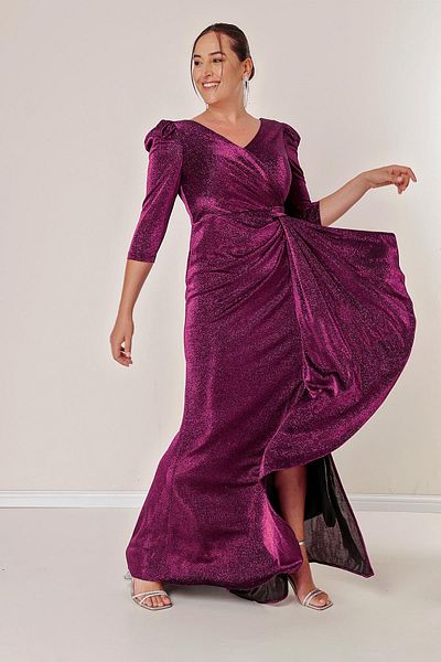 By Saygı Three Quarter Sleeve Flounce Front Lined Glittery Plus Size Long Dress