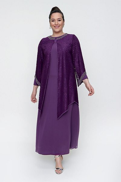 By Saygı Long Sleeve Lined Solid Dress Collar and Sleeves Beaded Guipure Detailed Jacket Plus Size 2-Piece Set