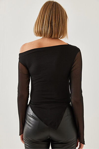 Bianco Lucci Bluză de damă cu tăietură asimetrică cu detaliu din tul 60351210