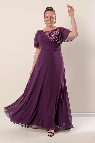By Saygı Long Plus Size Chiffon Dress with Beading Embroidered Front Lining