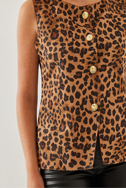 Bianco Lucci Women's Leopard Print Buttoned Suede Vest 4460 60351220