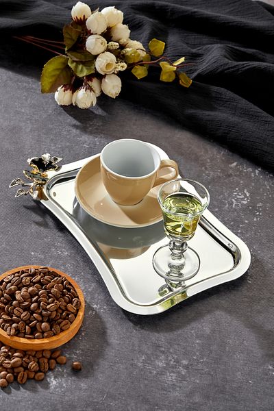 Milenay Elegante Series, Luna Nera Handle Patterned Chrome Presentation Promise Engagement Tray, 25X15Cm, Single Piece