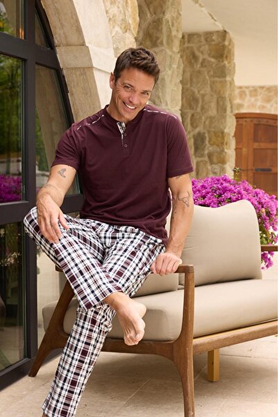 Temporium Ανδρικό Σετ Πιτζάμες με καρό γιακά με κουμπιά κοντομάνικο πλεκτό χτ...