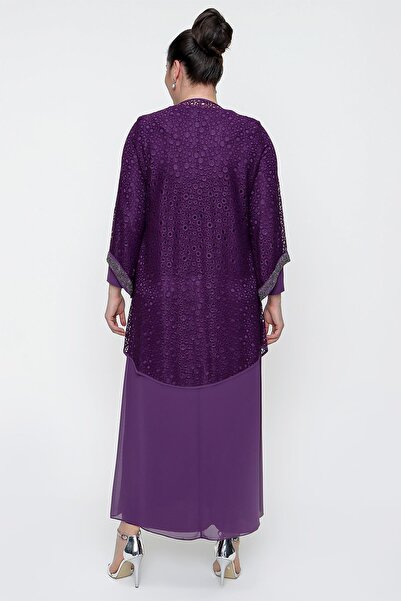 By Saygı Long Sleeve Lined Plain Dress Collar and Sleeves Beaded Guipure Detailed Jacket Plus Size 2 Piece Suit