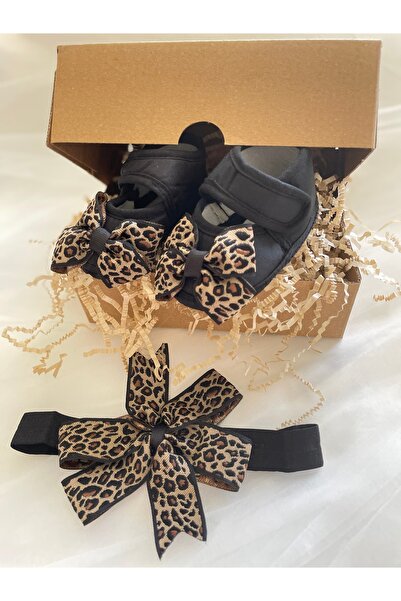 MASALBABY Kız Bebek Leoparlı Bandanalı Siyah Patik / Yeni Doğan Bebek Hediyel...