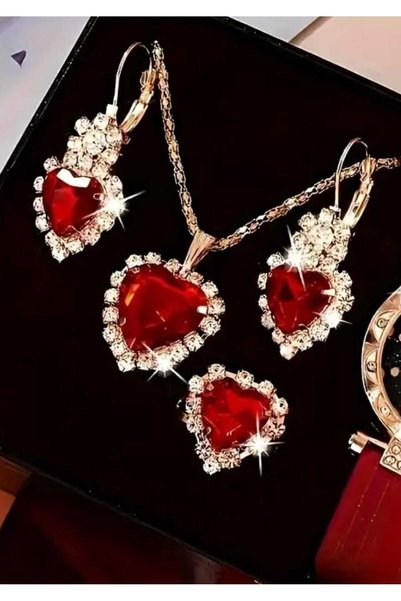 Beyna Gold Kaplama Kalp Kolye Küpe Yüzük Saat Seti Hediye Set Sevgiliye Hediye Anneye Hediye