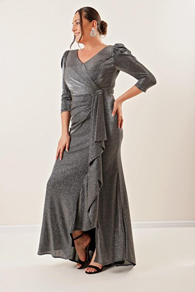 By Saygı Three Quarter Sleeve Flounce Front Lined Glittery Plus Size Long Dress