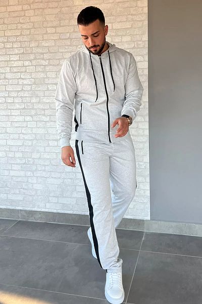 MİSHAR İTALİA Σετ ανδρικής φόρμας με γκρι κουκούλα με φερμουάρ και λεπτομέρεια στο πλάι