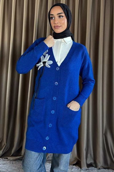 julude Saks Blue Γυναικεία Hijab Pocket Flower Λεπτομερής πλεκτή ζακέτα