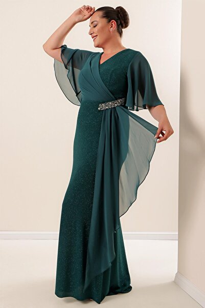 By Saygı Plus Size Silvery Long Dress with Chiffon Sleeves Side Stone Accessories Lining