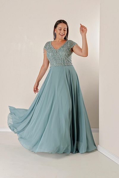 By Saygı Plus Size Chiffon Long Dress with Front Back V-Neck Bead Guipure Detail