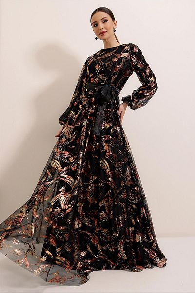 By Saygı Lined Gilded Long Dress with Belted Waist