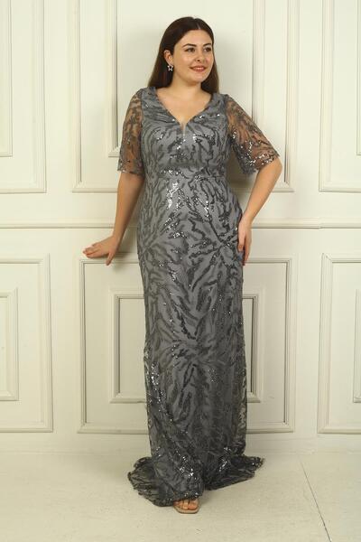 By Saygı V-neck Bead-pool Embroidered Plus Size Women's Dress - Lined