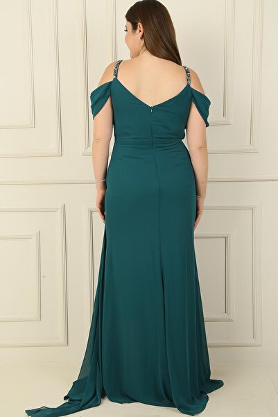 By Saygı Γυναικείο μακρύ φόρεμα σιφόν με λουράκι με λεπτομέρεια από πέτρα με χαμηλό μανίκι στο πλάι