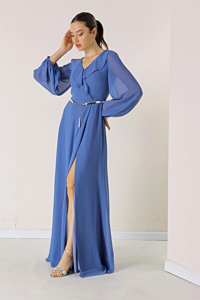 By Saygı Šifonové dlouhé šaty s balonovým rukávem vpředu