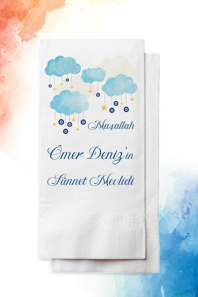 nna tasarım 50 Adet Kişiye Özel İsim Baskılı Nazar Boncuğu Sünnet Peçetesi (P...