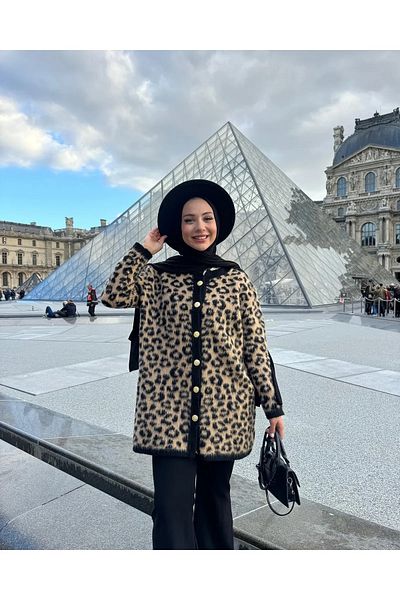 Meleğin Modası سترة نسائية طويلة بنقشة الفهد البني