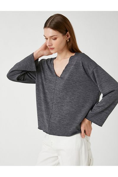 Koton V-Neck Sweatshirt Bat Sleeve