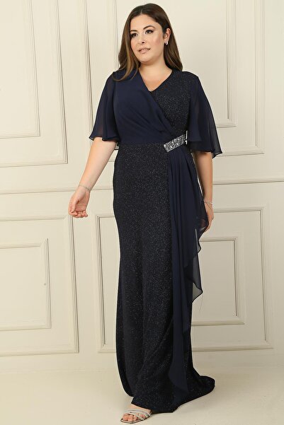 By Saygı Šifonové třpytivé dlouhé šaty velké velikosti s rukávy a doplňky zdobenými drahokamy
