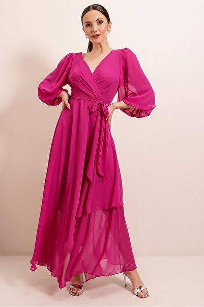 By Saygı Double Breasted Balloon Sleeve Long Chiffon Dress
