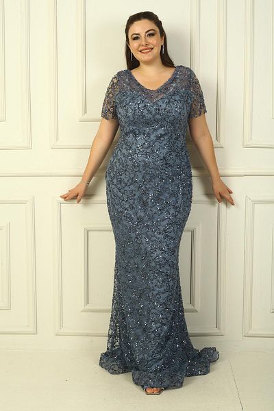 By Saygı V-Neck Lining Bead-Sequin Embroidered Plus Size Evening Dress