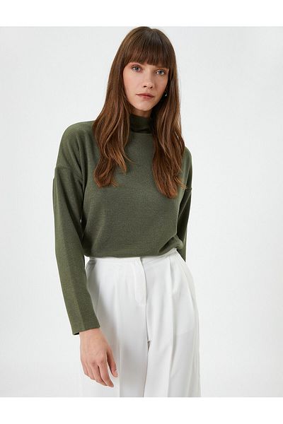 Koton Stand Collar Long Sleeve Glitter T-Shirt