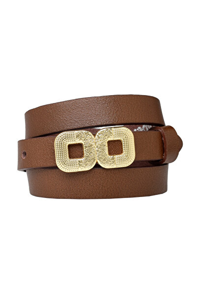 GoDeri %100 Hakiki Deri, Gold Renk Tokalı 2 cm Açık Kahverengi Kadın Kemeri; Elbise, Pantolon Kemeri_GÖZKA
