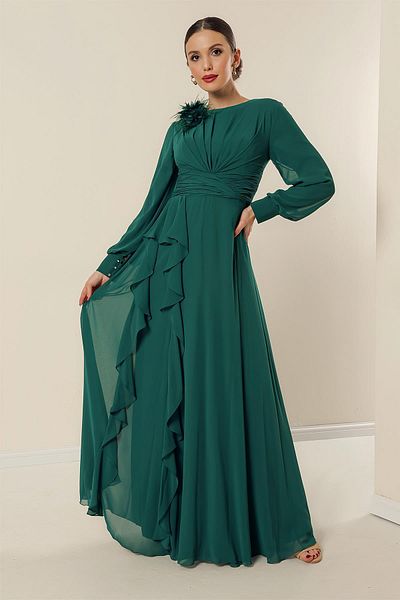 By Saygı Long Chiffon Dress with Flower Detail Front Pleated Side Flounces Lining
