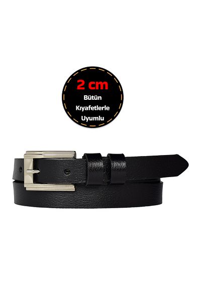 GoDeri 2cm Thin Genuine Leather Women's Belt with Black Silver Buckle - Dress and Pants Belt