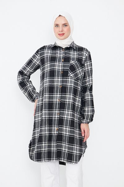 Giyim Gezegeni Single Pocket Sleeve Elastic Checked Striped Women's Winter Chanel Tunic Shirt