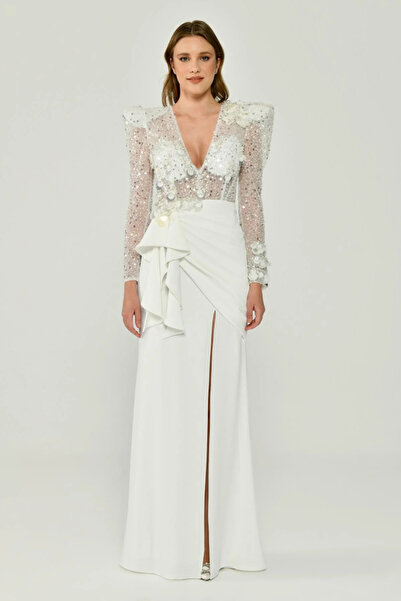 ALFABETA V YAKA DANTEL TAŞ VE PUL İŞLEMELİ YIRTMAÇLI ŞIK ABİYE ELBİSE