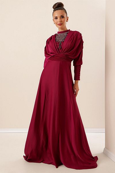 By Saygı Satin Long Dress with Gathered Sleeves, Button Detail, Lined and Beaded Front