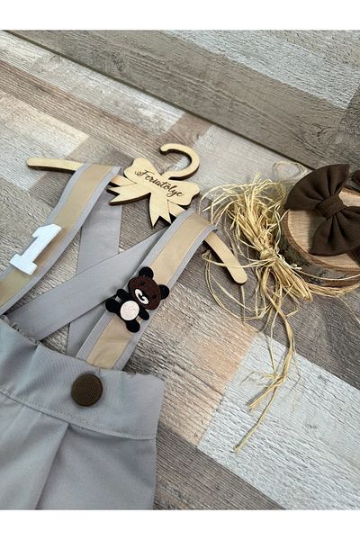 Feriatolye Smoke Color Salopet and Sea Sand Color Strap Teddy Bear Concept 1-2-3 Years Old Set for Baby Boy