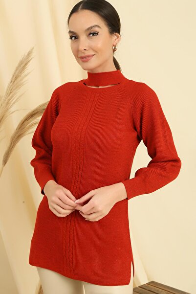 By Saygı Low-cut Neck Braided Pattern Plus Size Sports Tunic Sweater