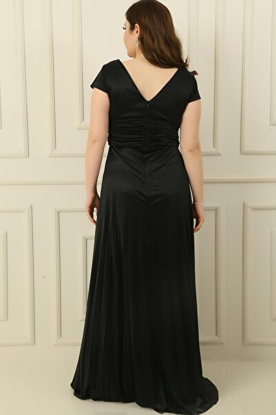 By Saygı Φόρεμα με λαιμόκοψη V στη μέση και μπροστά με ντραπέ με πλισέ γκλίτερ μακρύ κρεπ φόρεμα