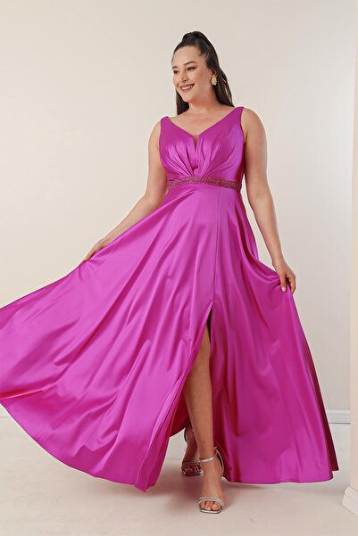 By Saygı V-nyakú vastag pántos derék, gyöngyös bélésű plusz méretű szatén hosszú ruha